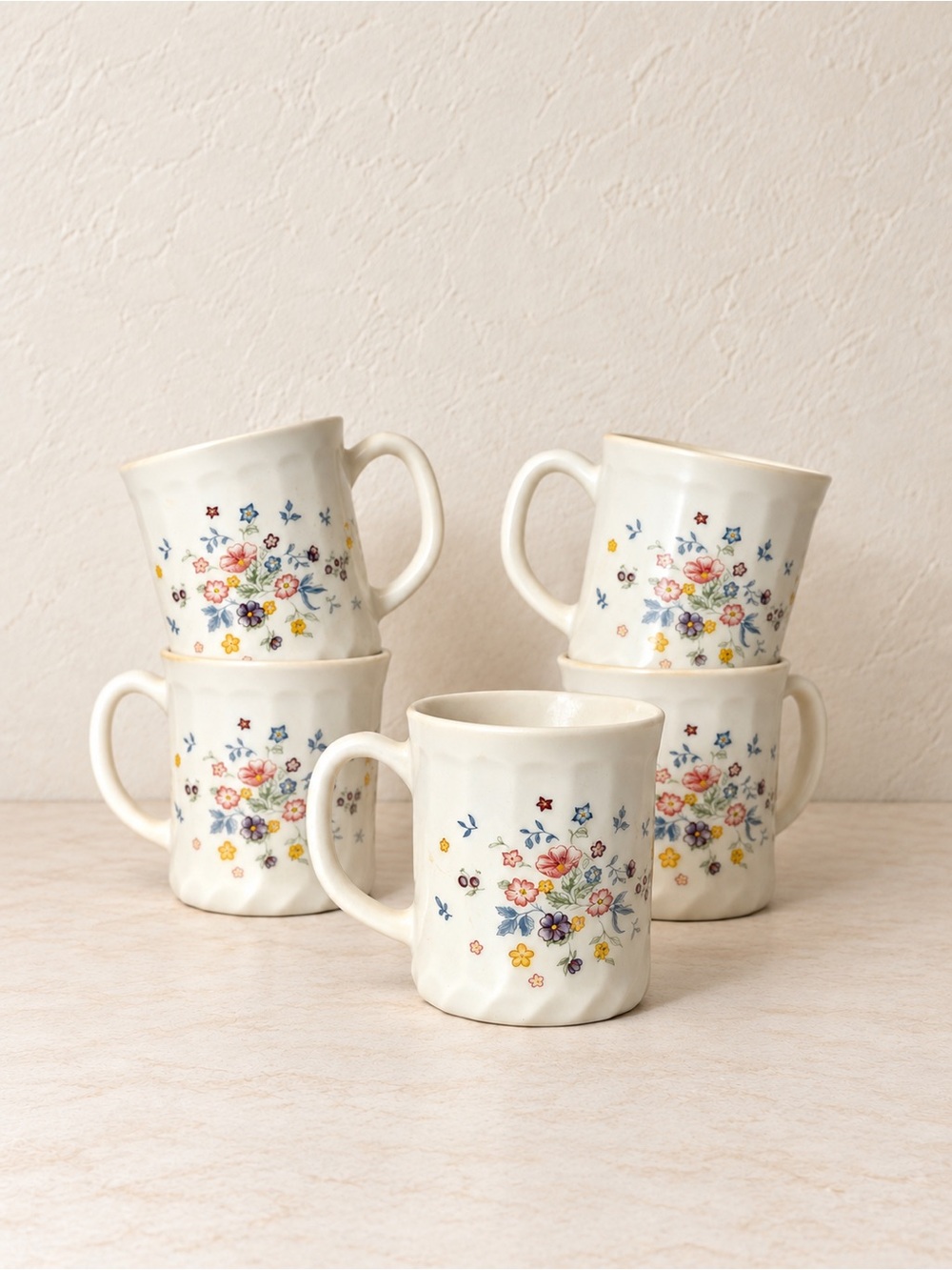 Vintage Floral Milk Glass Coffee Mugs Set of 5 Arcopal France